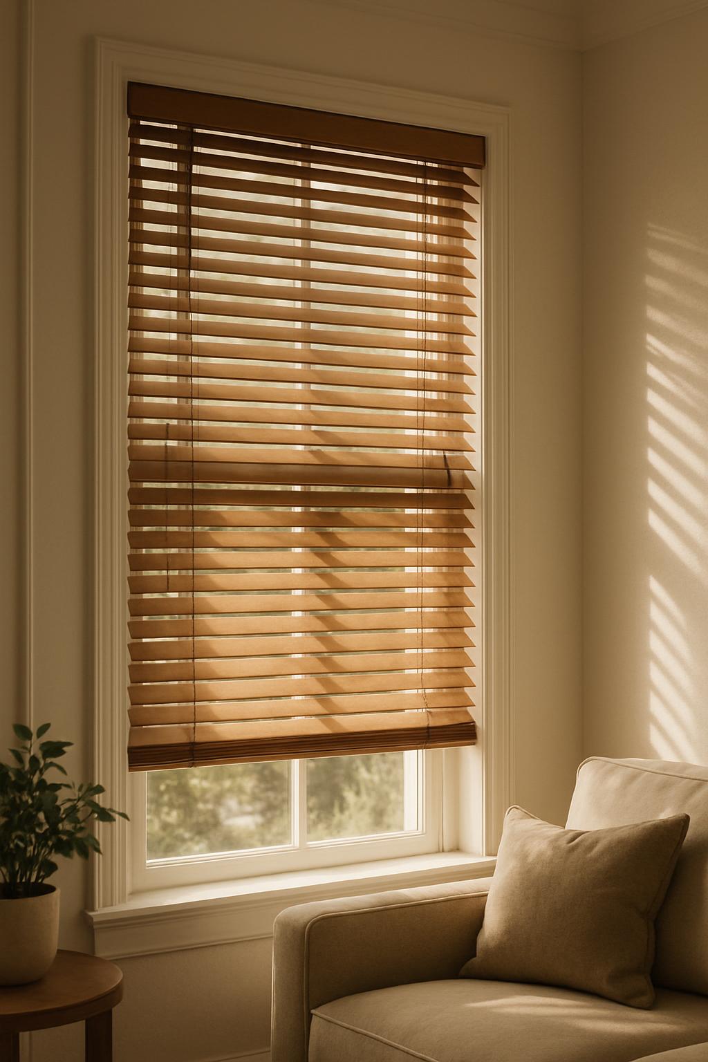 "the photo shows a beige leather office sofa with a plant to the left of it and blinds on a window to illuminate the area"