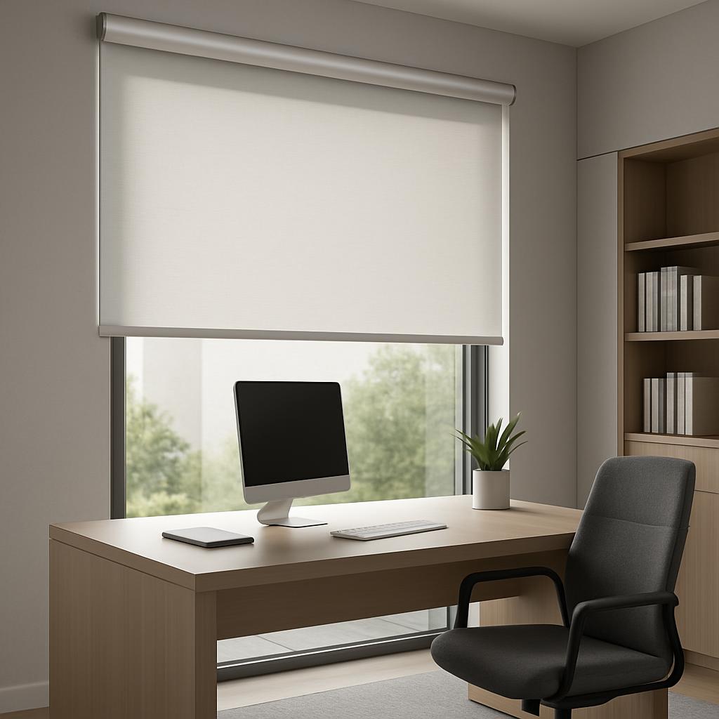 A modern home office features a sleek desk with a computer monitor, keyboard, and chair positioned in front of a large win...