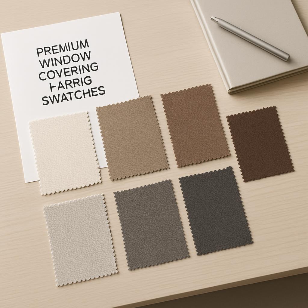 "Premium window covering fabric samples in various neutral tones, including beige, brown, gray, and taupe arranged on a li...