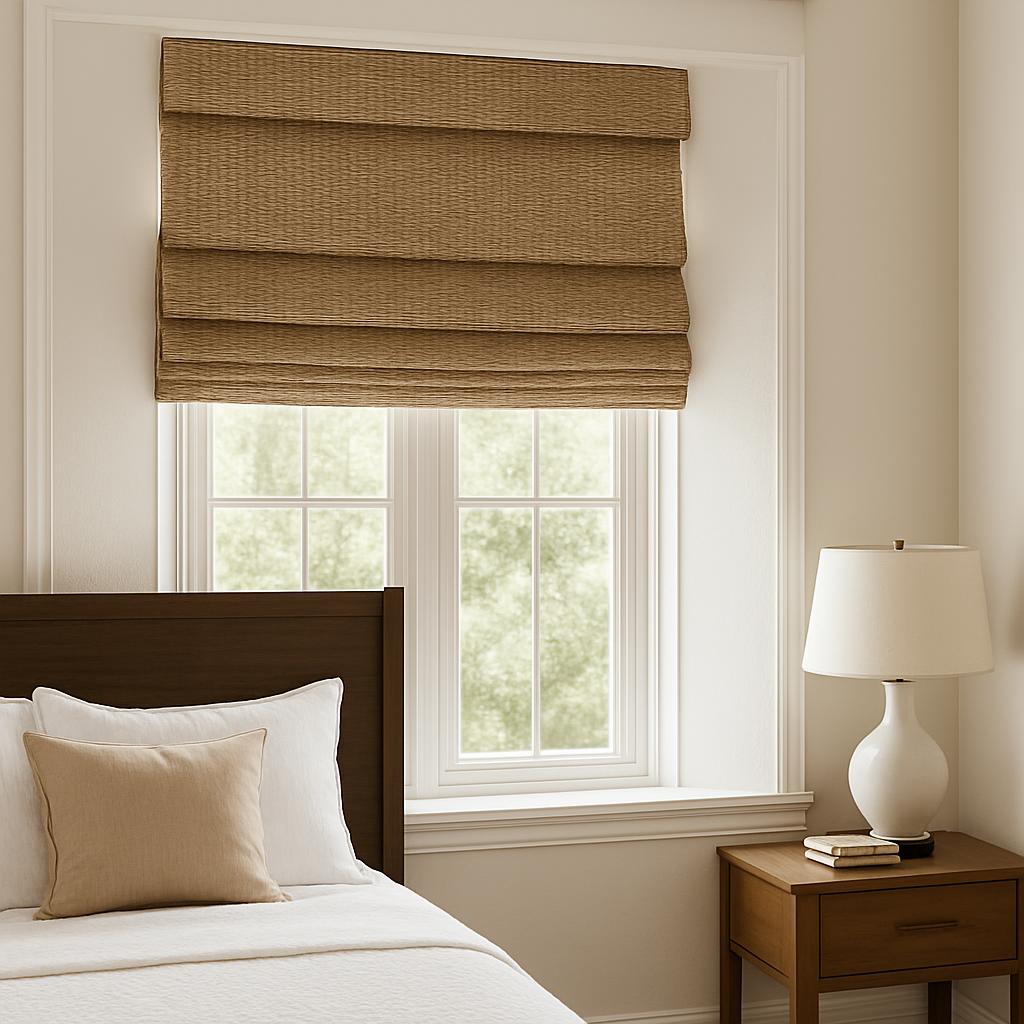 The image depicts a serene bedroom scene, with a bed, nightstand, lamp, and window as the main focal points. * A bed: + Fe...